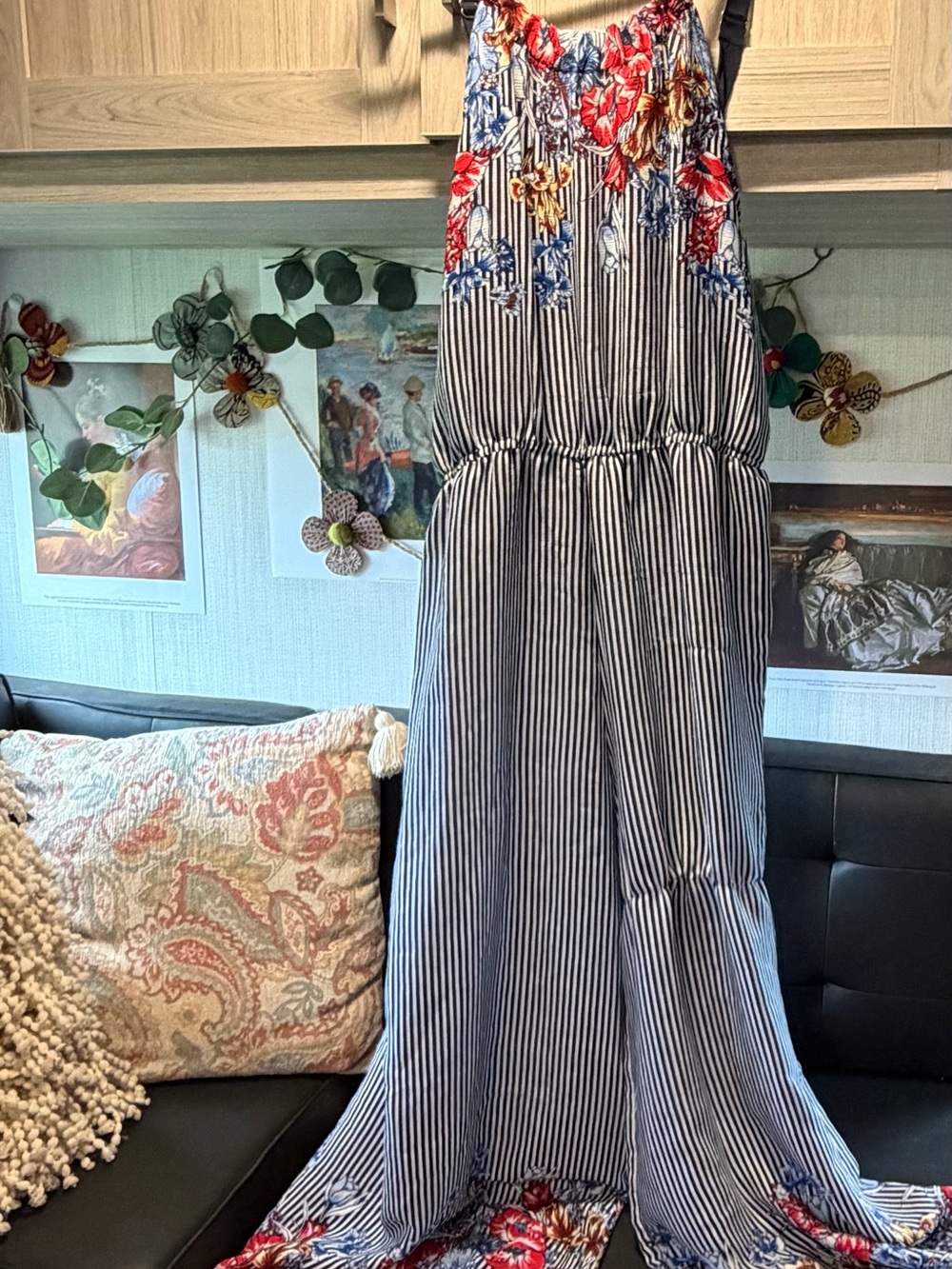 Striped Floral Jumpsuit with Red & Blue Accents